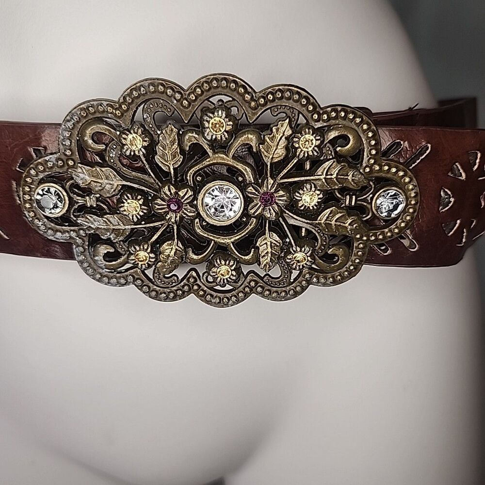 Belt Brown No Boundaries Women's Faux Leather Oval Jeweled Brass Buckle Sz 9